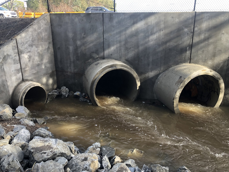 The new storm drain piping installation at Peterson Creek in operation during the recent storms