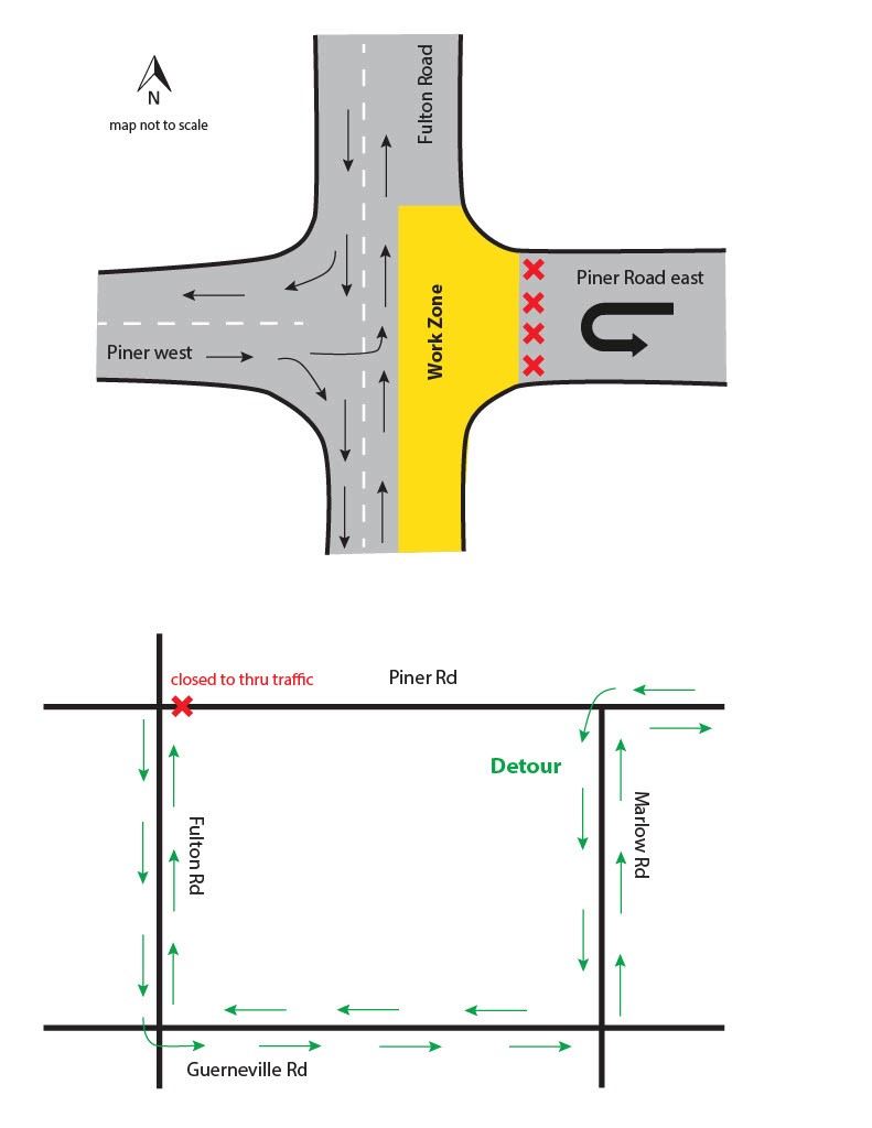 Conditions for July 28 - July 30 lane closures and detour at the intersection of Piner and Fulton Roads