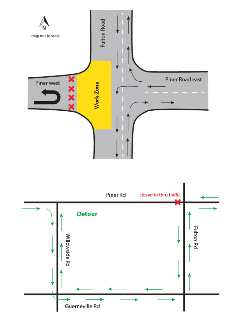 Conditions August 11-13 lane closures and detour at the intersection of Piner and Fulton Roads
